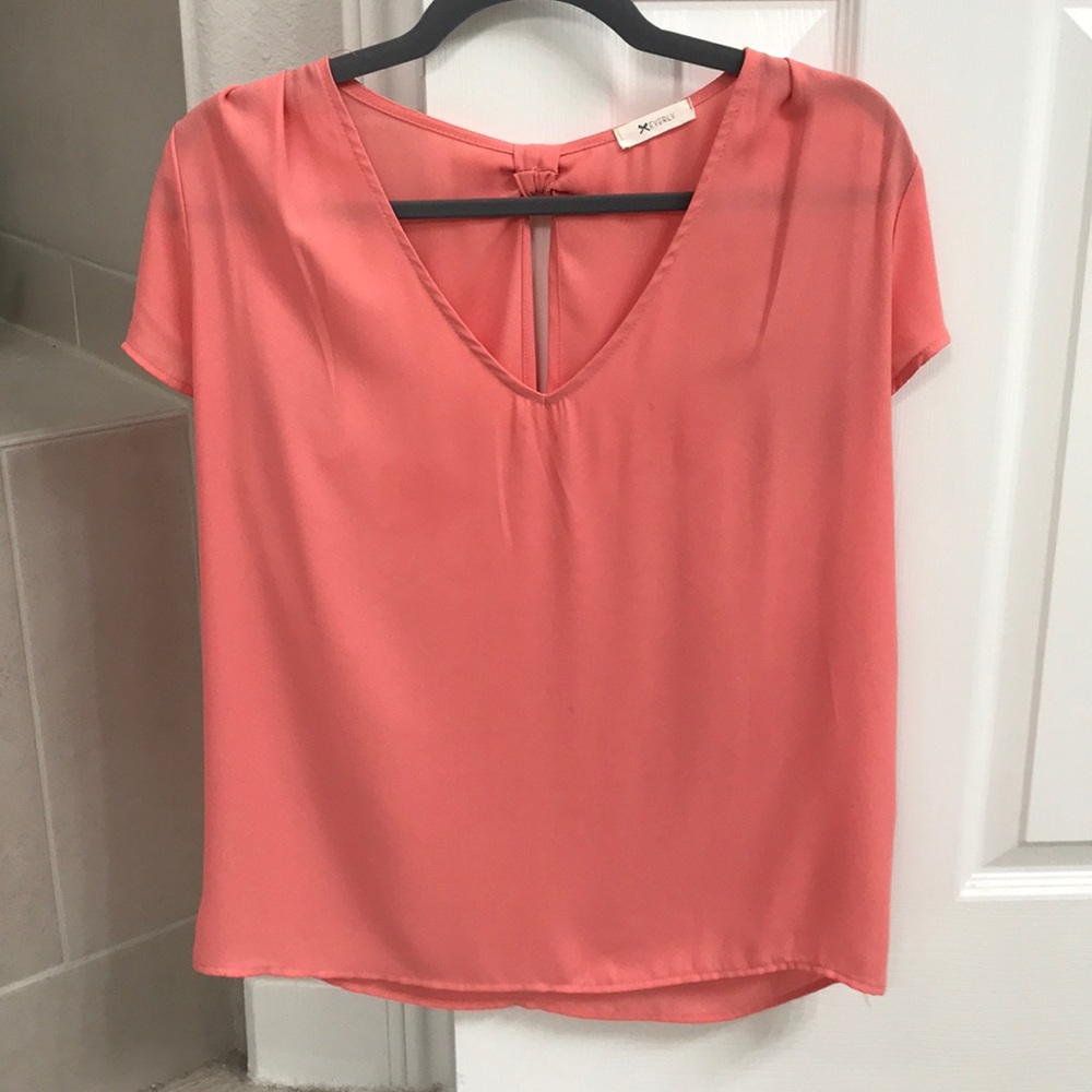 V neck blouse with keyhole/bow detail back